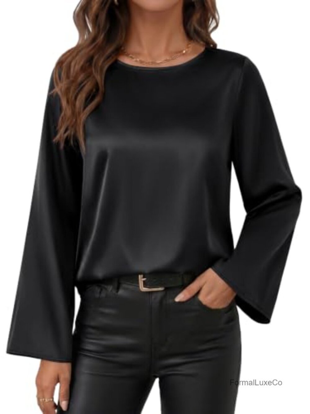 ANRABESS Satin Bell Sleeve Boat Neck Blouse Women's Top